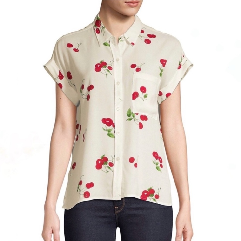 Rails cherry fruit printed button up top short sleeve cream colour